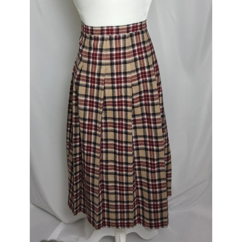 Vintage Pendleton Red Tan Black Plaid Pleated 100% Wool Midi Skirt Women's Plus